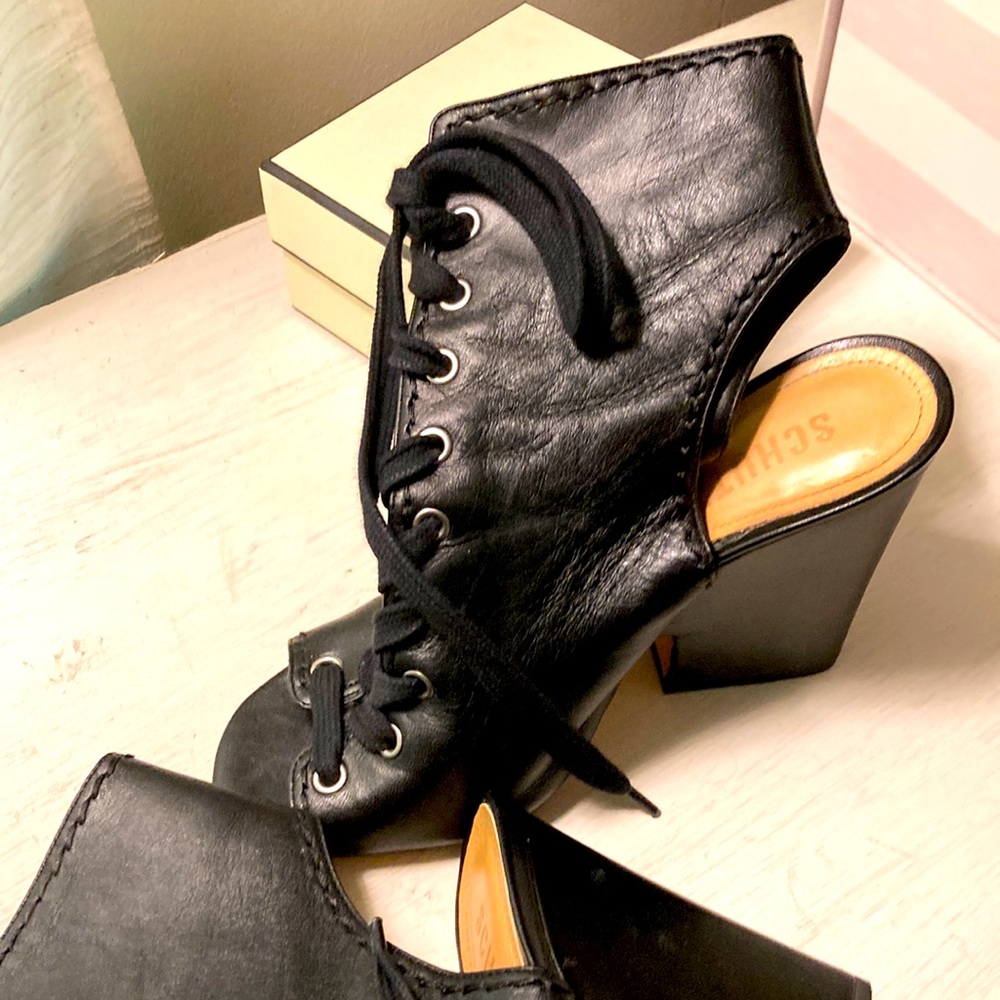 SCHUTZ Black Leather Lace Up - Open Toe Booties.